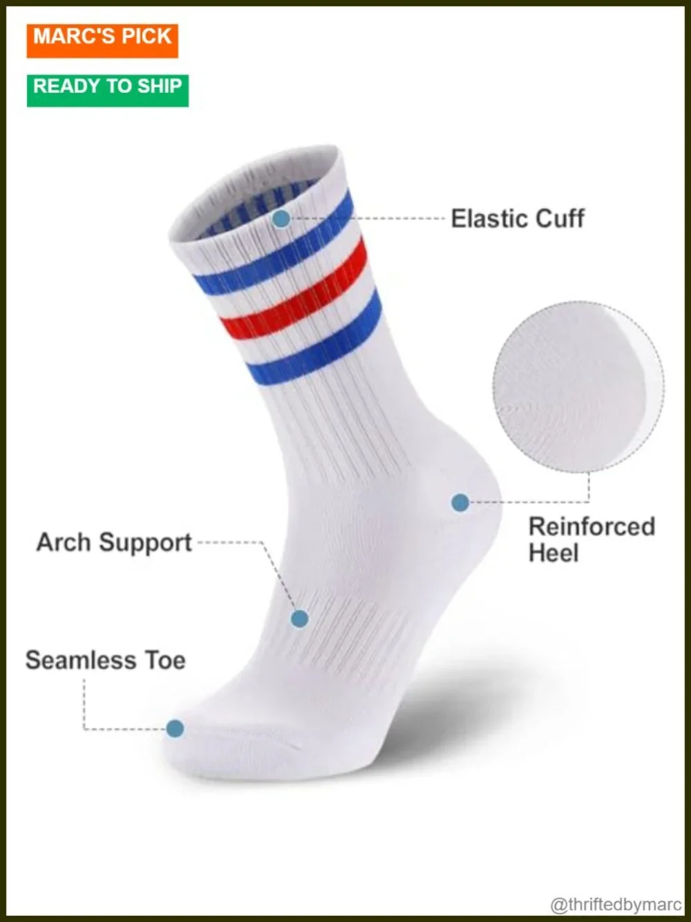 5 Pairs Striped Crew Socks Cotton Cushioned Athletic Running Socks for Men